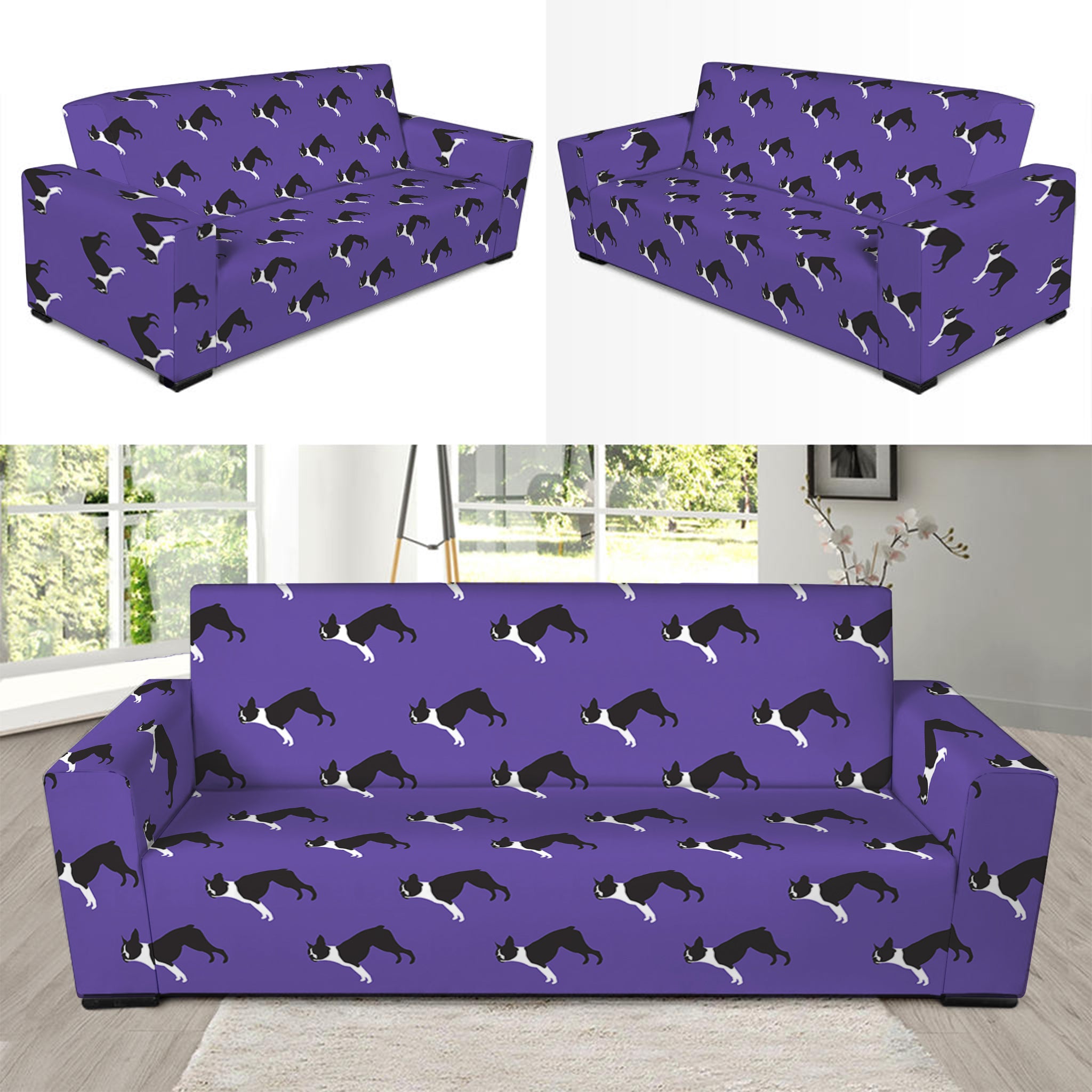 Purple Boston Terrier Pattern Print Sofa Slipcover