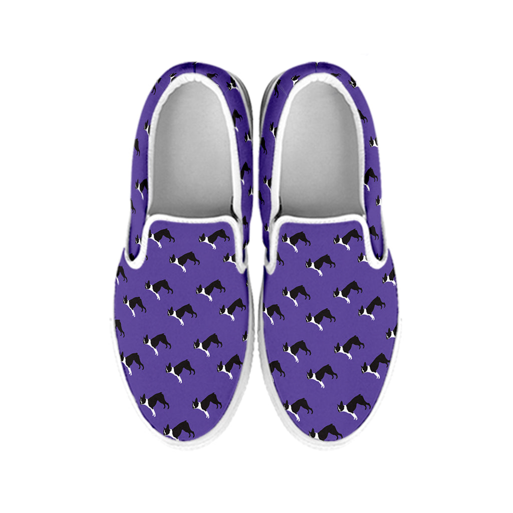 Purple Boston Terrier Pattern Print White Slip On Shoes
