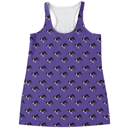 Purple Boston Terrier Pattern Print Women's Racerback Tank Top