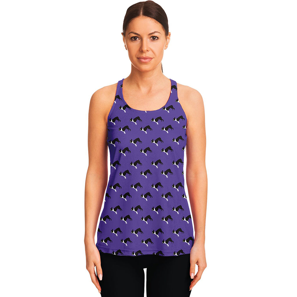 Purple Boston Terrier Pattern Print Women's Racerback Tank Top