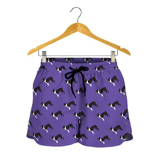 Purple Boston Terrier Pattern Print Women's Shorts