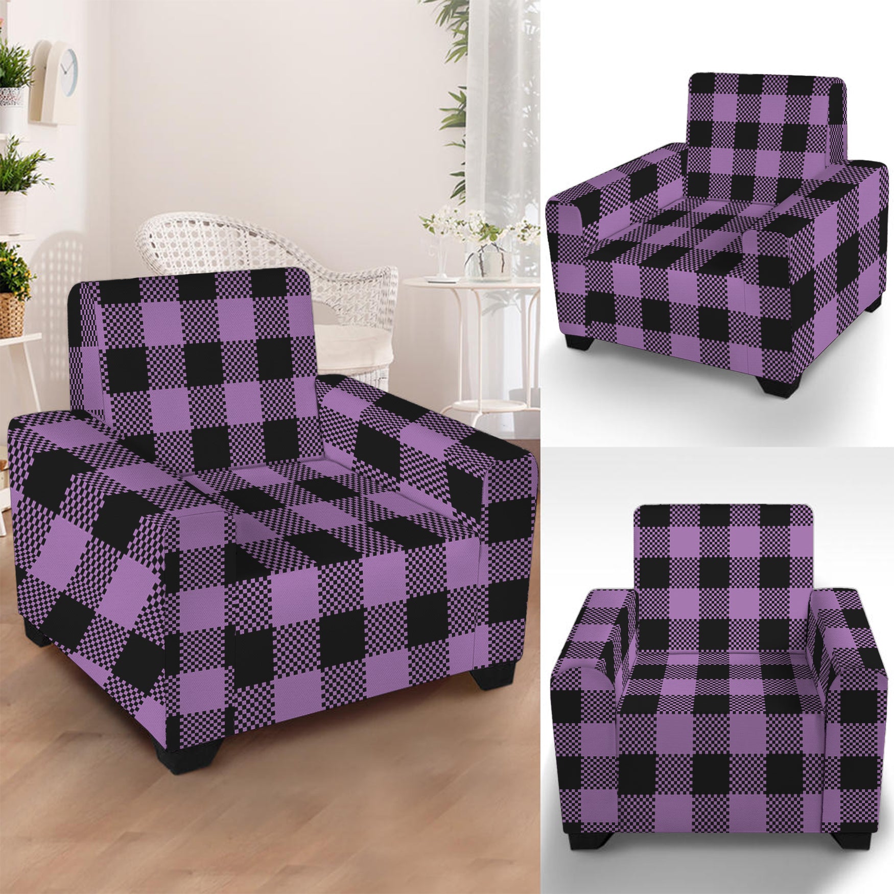 Purple Buffalo Plaid Print Armchair Slipcover