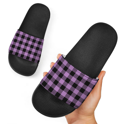 Purple Buffalo Plaid Print Black Slide Sandals