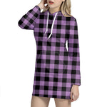Purple Buffalo Plaid Print Hoodie Dress