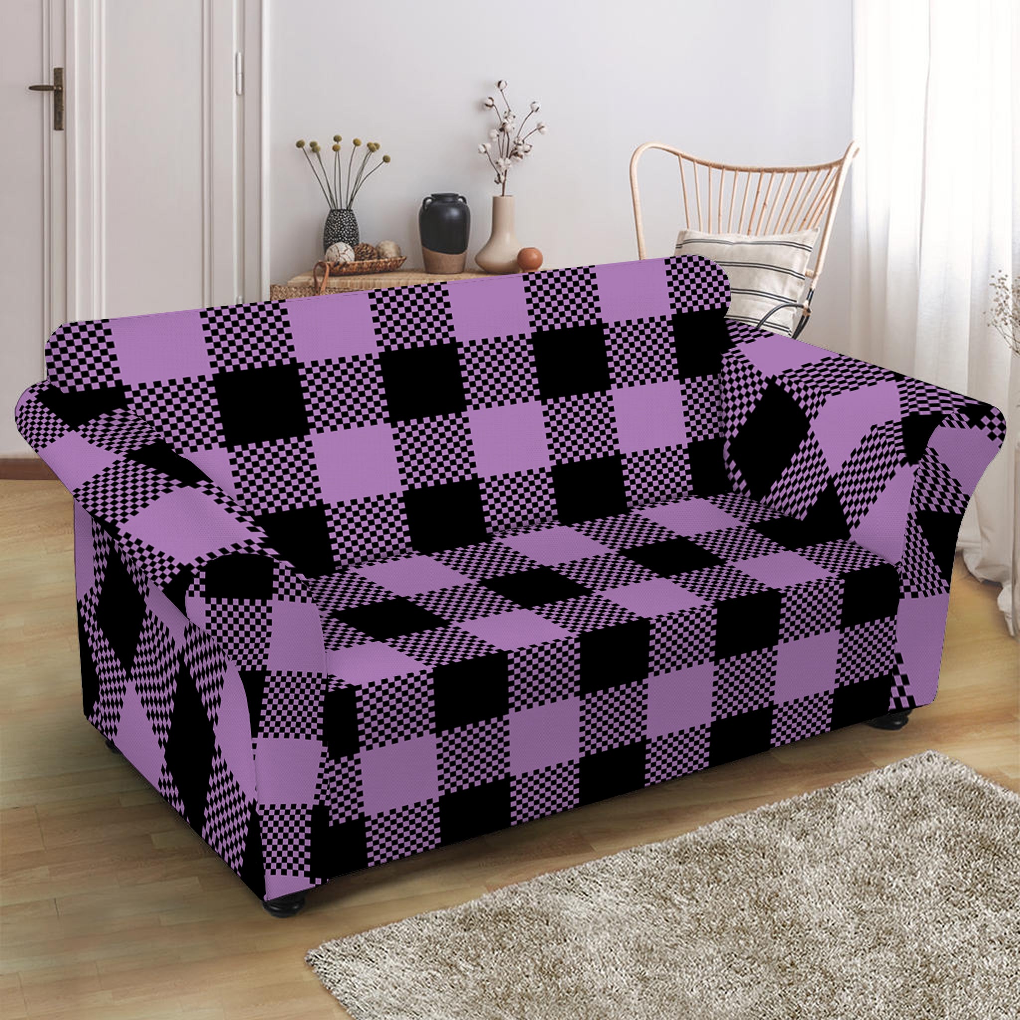 Purple Buffalo Plaid Print Loveseat Slipcover