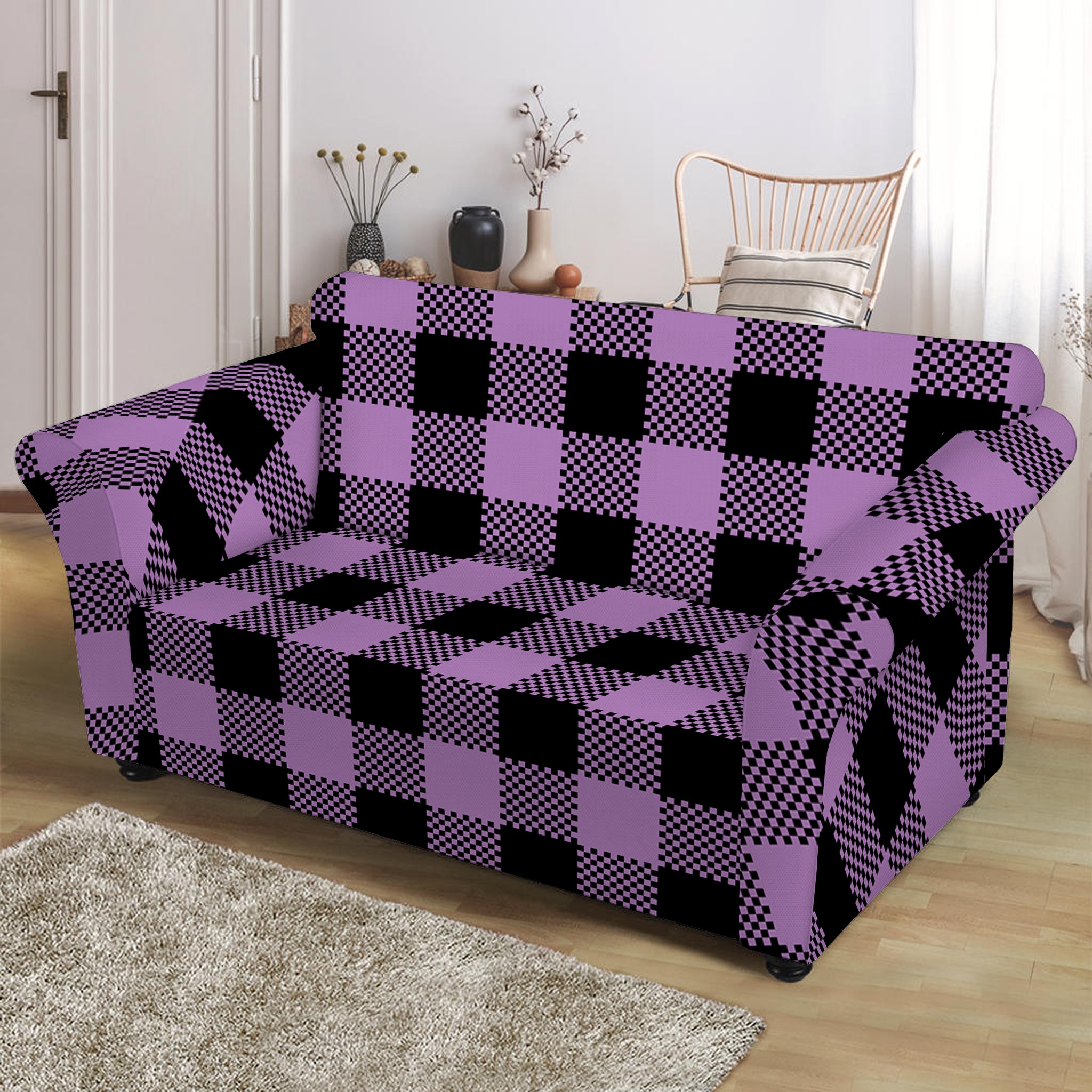 Purple Buffalo Plaid Print Loveseat Slipcover