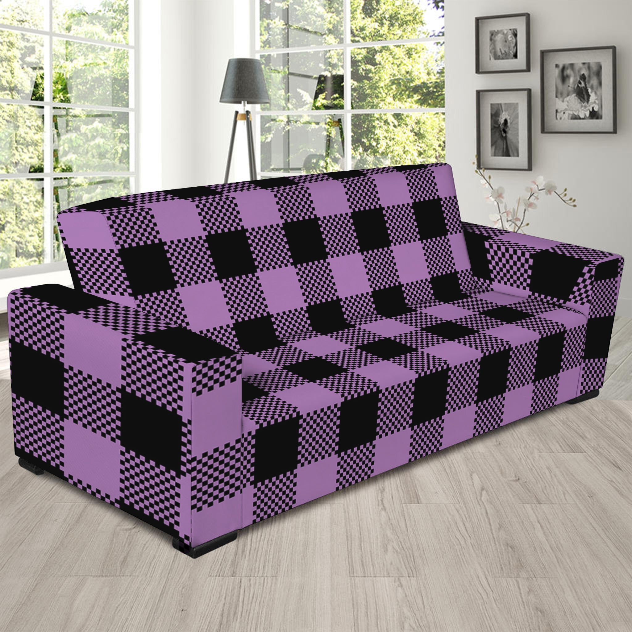 Purple Buffalo Plaid Print Sofa Slipcover