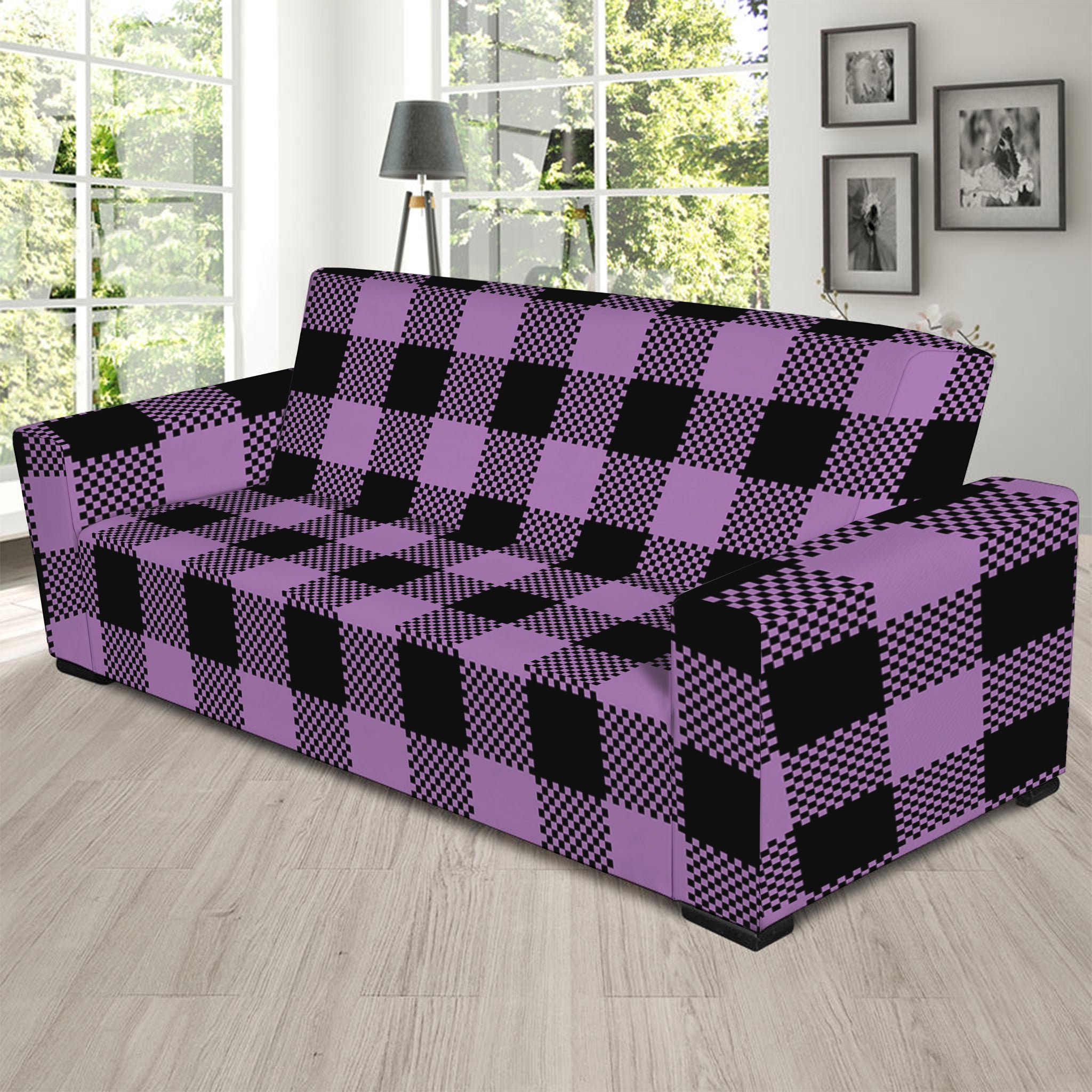 Purple Buffalo Plaid Print Sofa Slipcover