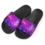 Purple Bursting Galaxy Space Print Black Slide Sandals