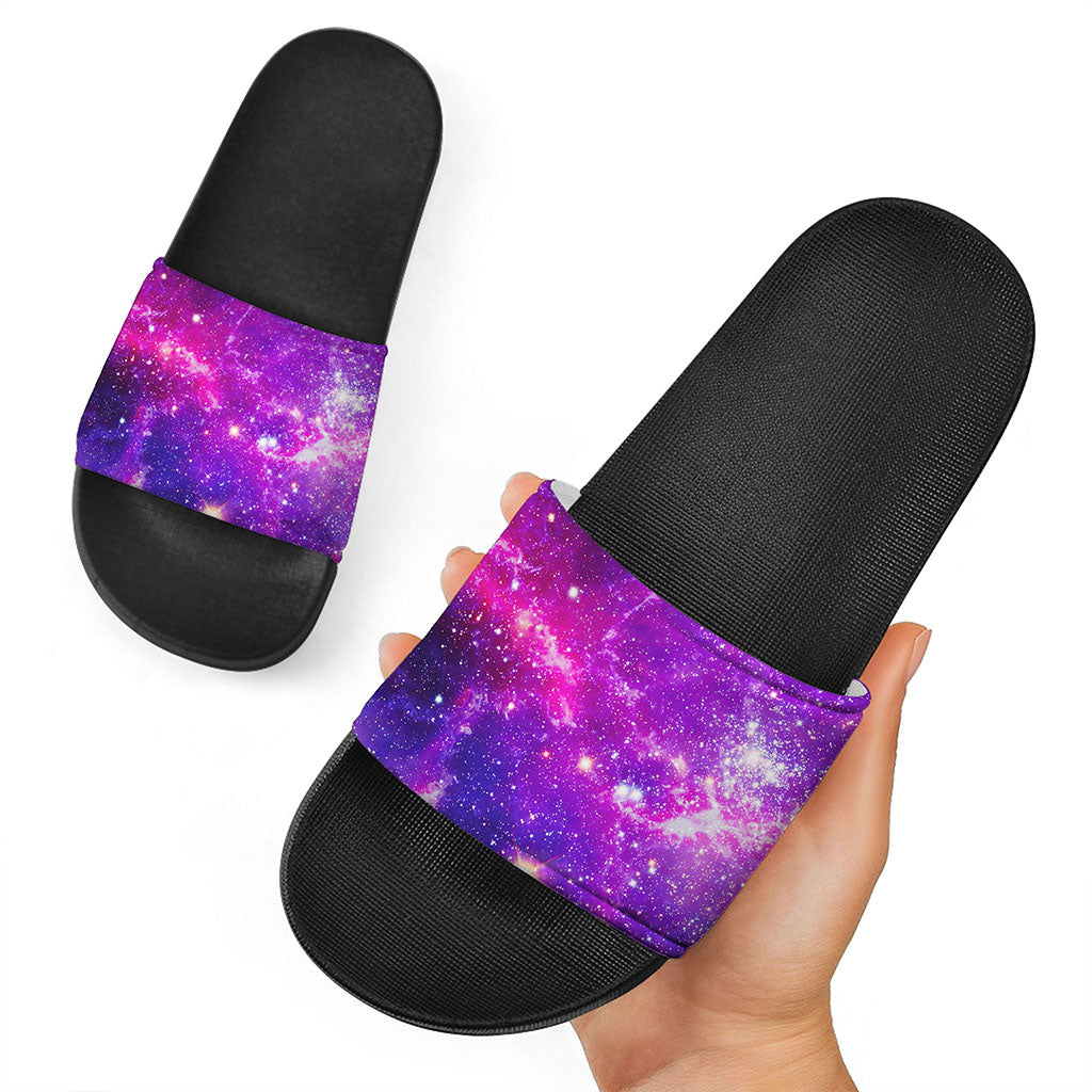 Purple Bursting Galaxy Space Print Black Slide Sandals