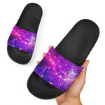 Purple Bursting Galaxy Space Print Black Slide Sandals