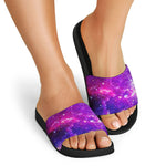 Purple Bursting Galaxy Space Print Black Slide Sandals