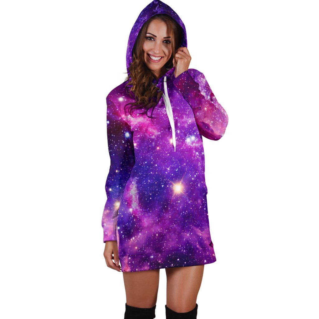 Purple Bursting Galaxy Space Print Hoodie Dress GearFrost