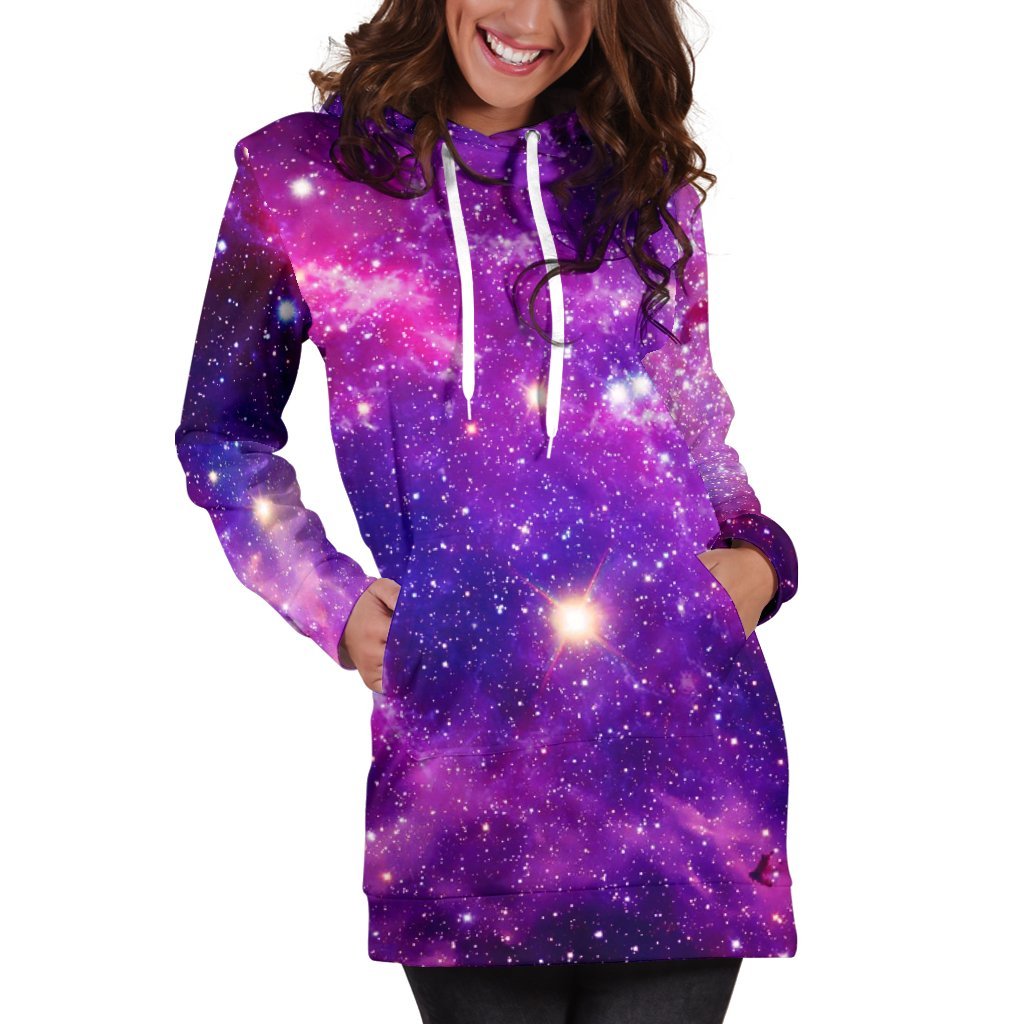 Purple Bursting Galaxy Space Print Hoodie Dress GearFrost