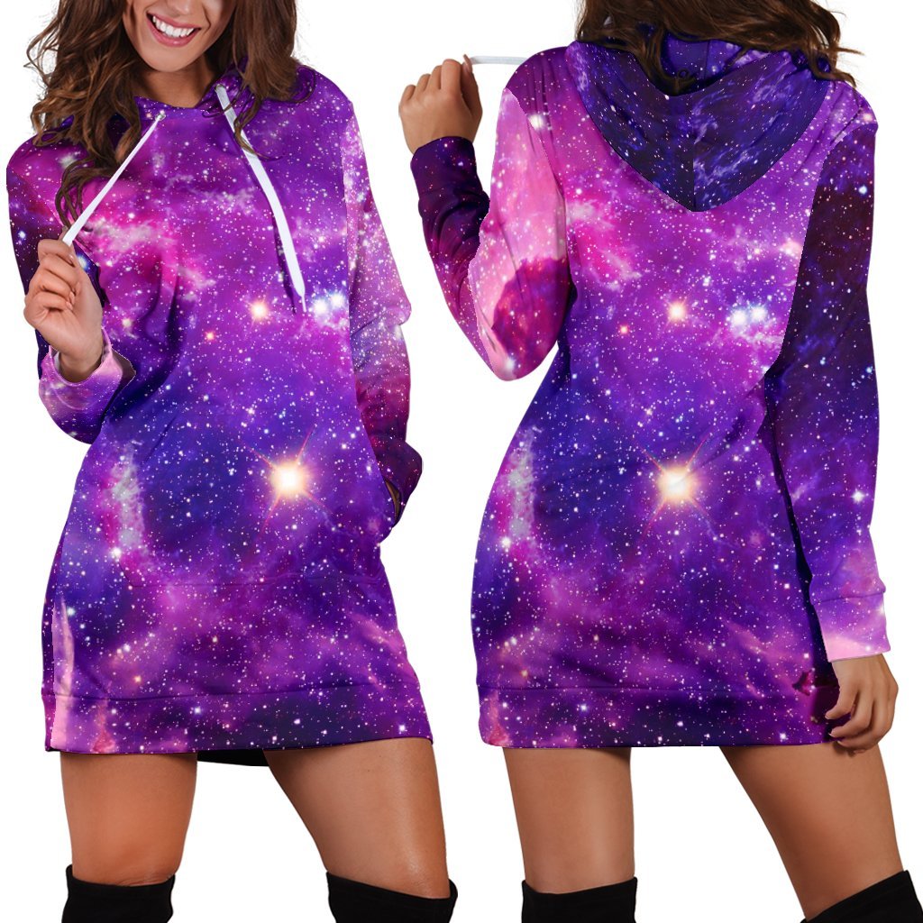 Purple Bursting Galaxy Space Print Hoodie Dress GearFrost