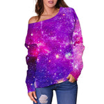 Purple Bursting Galaxy Space Print Off Shoulder Sweatshirt GearFrost