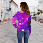 Purple Bursting Galaxy Space Print Off Shoulder Sweatshirt GearFrost