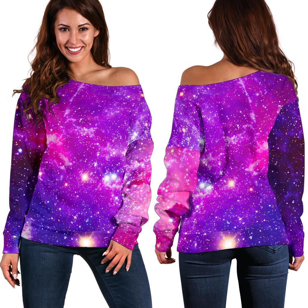 Purple Bursting Galaxy Space Print Off Shoulder Sweatshirt GearFrost