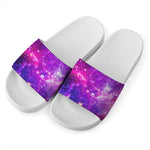 Purple Bursting Galaxy Space Print White Slide Sandals