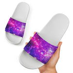 Purple Bursting Galaxy Space Print White Slide Sandals