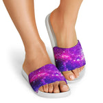 Purple Bursting Galaxy Space Print White Slide Sandals