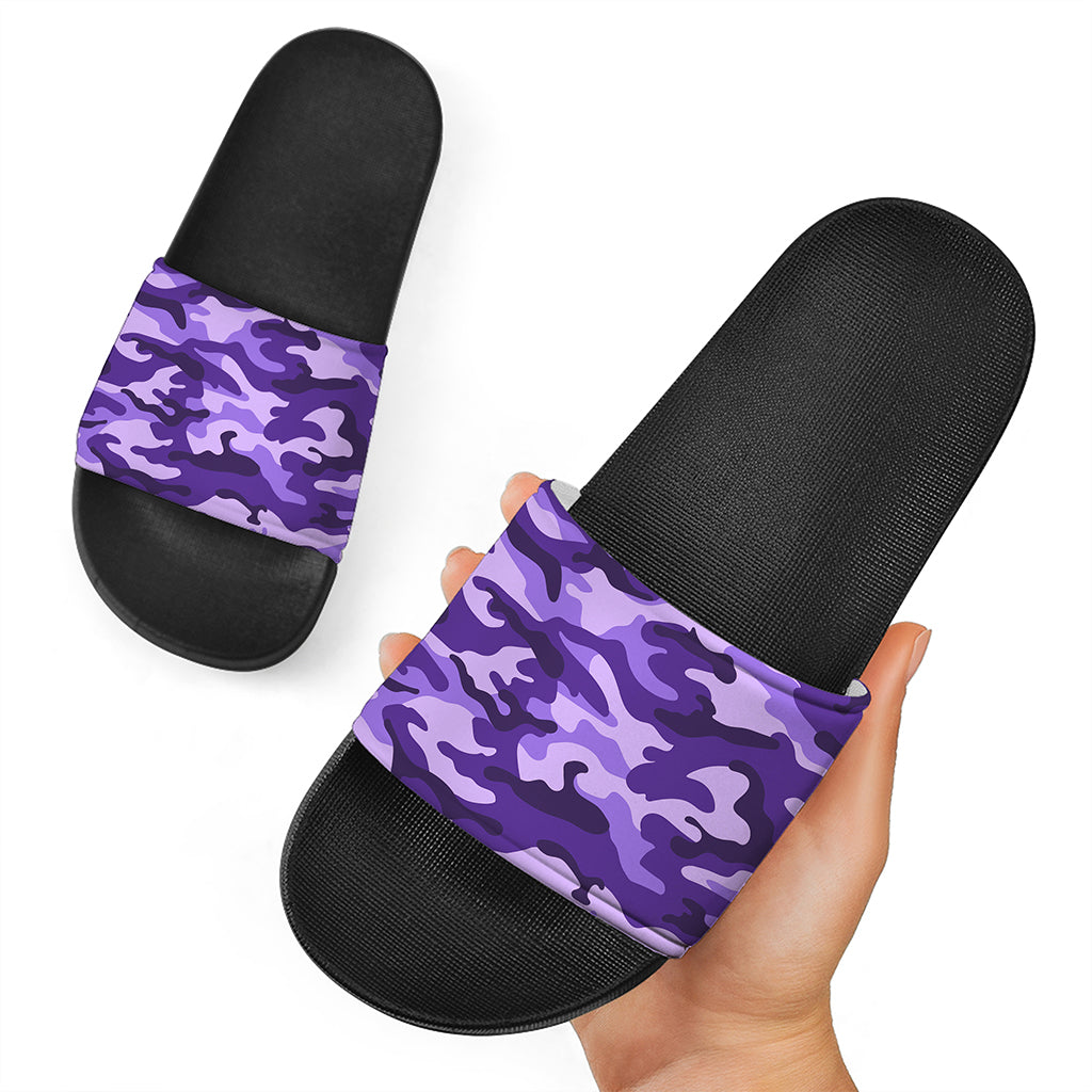 Purple Camouflage Print Black Slide Sandals