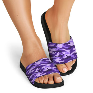 Purple Camouflage Print Black Slide Sandals