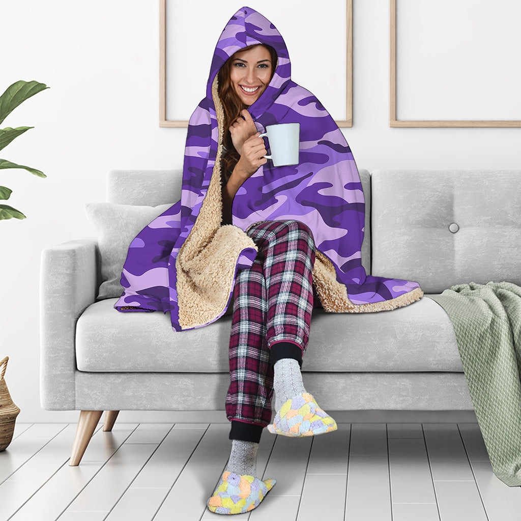 Purple Camouflage Print Hooded Blanket