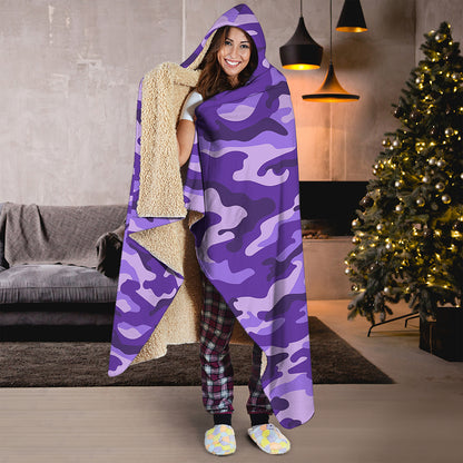 Purple Camouflage Print Hooded Blanket