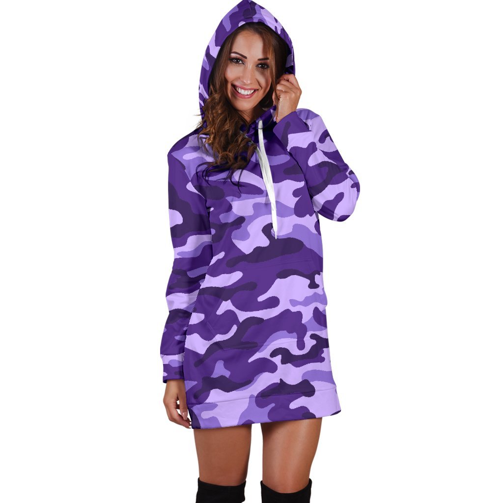 Purple Camouflage Print Hoodie Dress GearFrost