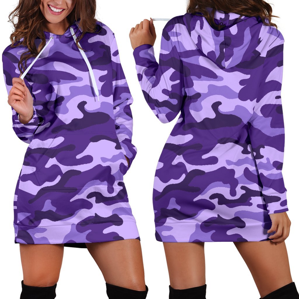 Purple Camouflage Print Hoodie Dress GearFrost