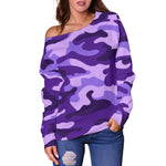 Purple Camouflage Print Off Shoulder Sweatshirt GearFrost