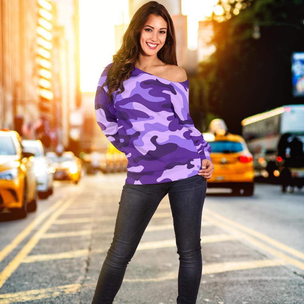 Purple Camouflage Print Off Shoulder Sweatshirt GearFrost