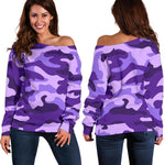 Purple Camouflage Print Off Shoulder Sweatshirt GearFrost