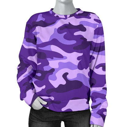 Purple Camouflage Print Women's Crewneck Sweatshirt GearFrost
