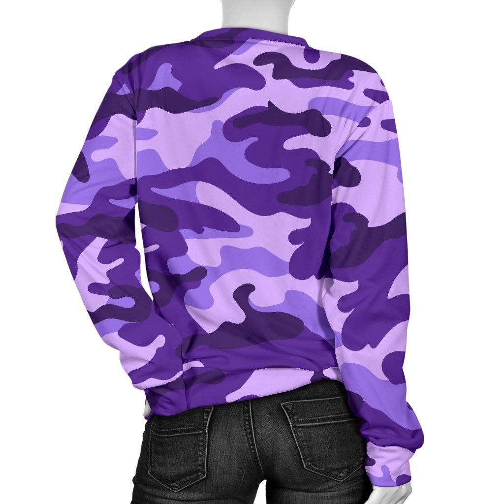 Purple Camouflage Print Women's Crewneck Sweatshirt GearFrost