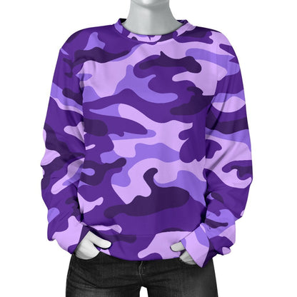 Purple Camouflage Print Women's Crewneck Sweatshirt GearFrost