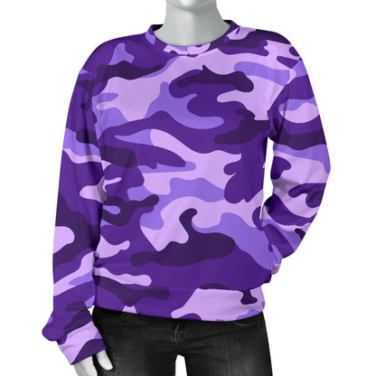 Purple Camouflage Print Women's Crewneck Sweatshirt GearFrost
