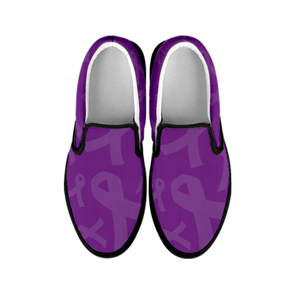 Purple Cancer Awareness Ribbon Print Black Slip On Shoes