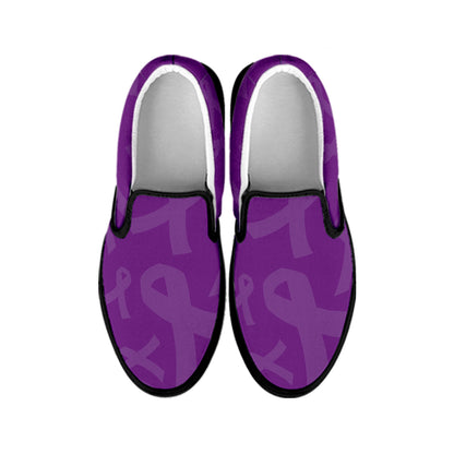 Purple Cancer Awareness Ribbon Print Black Slip On Shoes