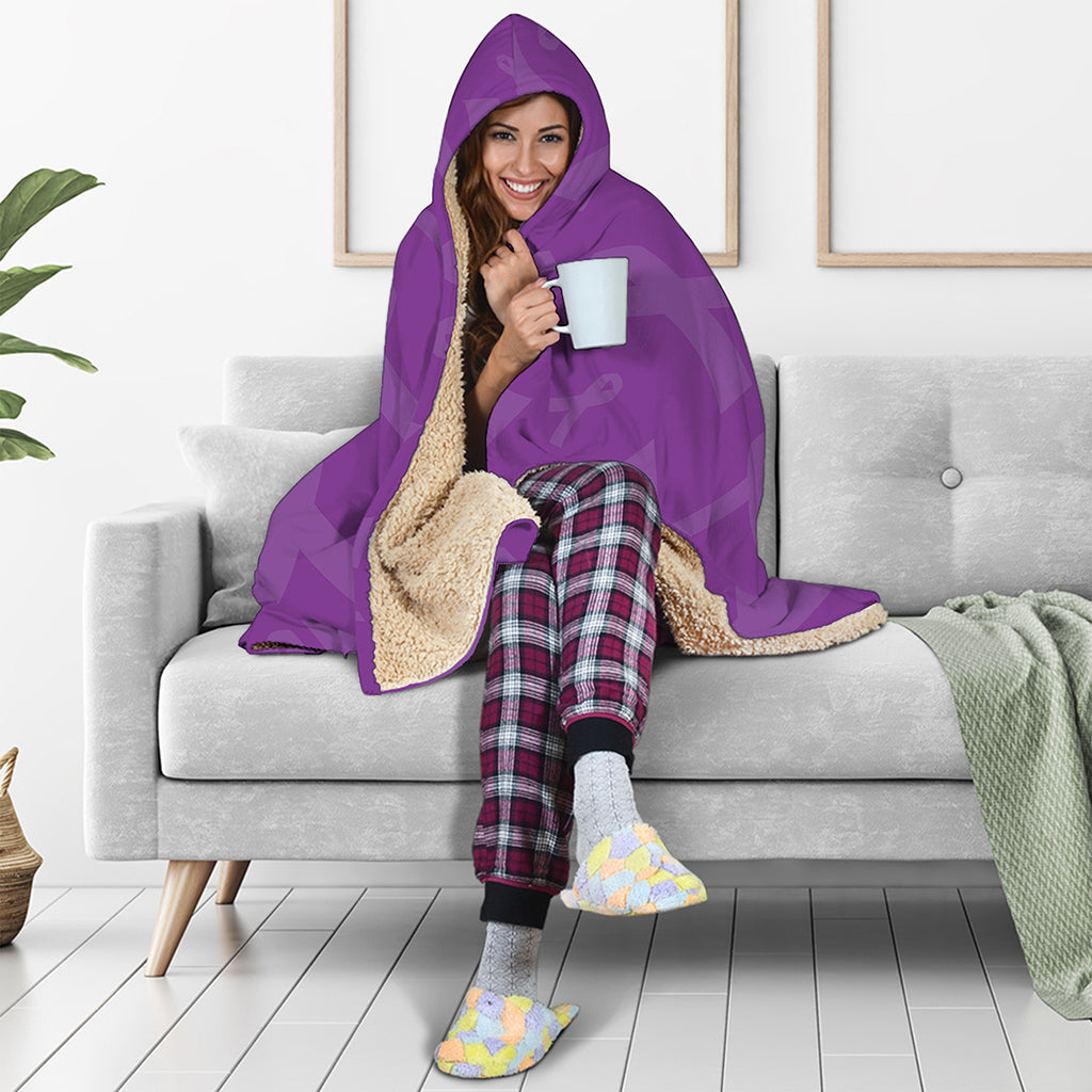 Purple Cancer Awareness Ribbon Print Hooded Blanket