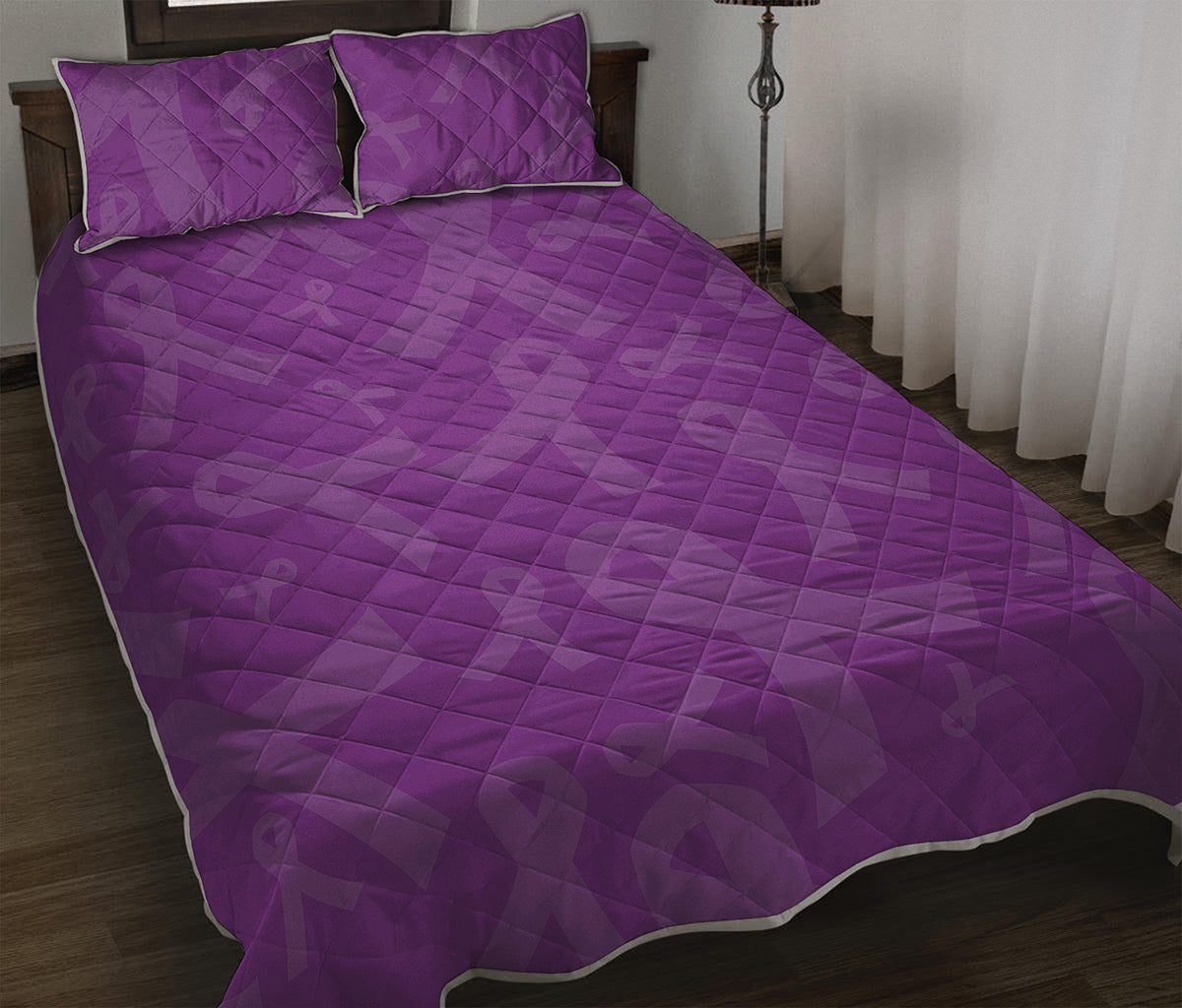 Purple Cancer Awareness Ribbon Print Quilt Bed Set