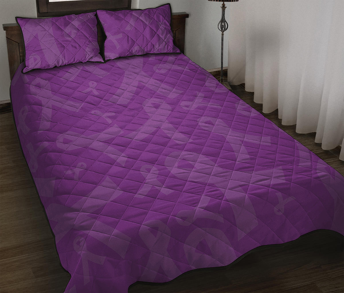 Purple Cancer Awareness Ribbon Print Quilt Bed Set