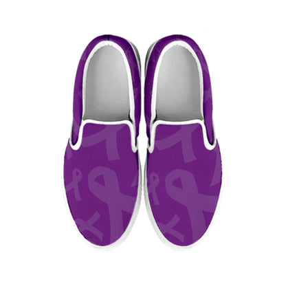 Purple Cancer Awareness Ribbon Print White Slip On Shoes