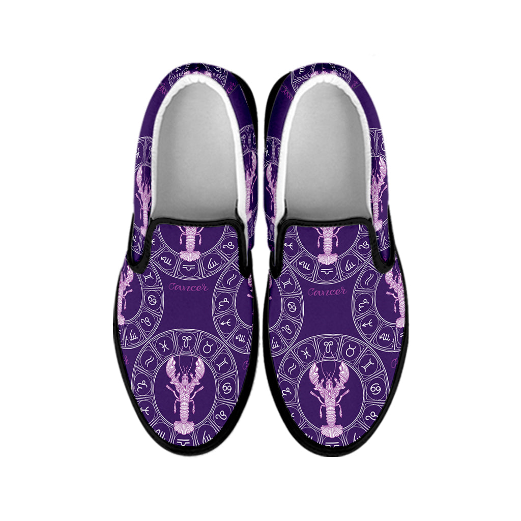 Purple Cancer Zodiac Pattern Print Black Slip On Shoes