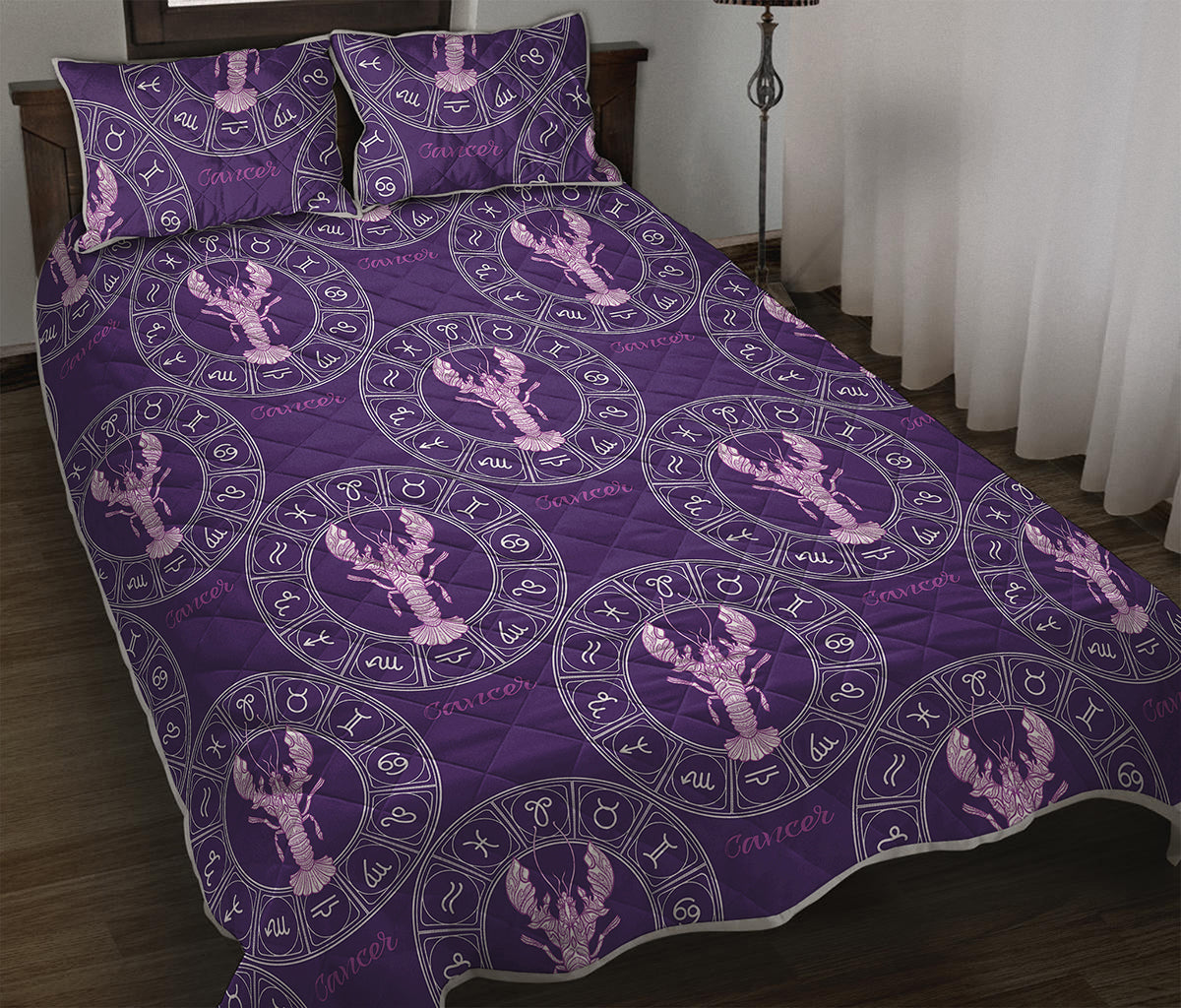 Purple Cancer Zodiac Pattern Print Quilt Bed Set
