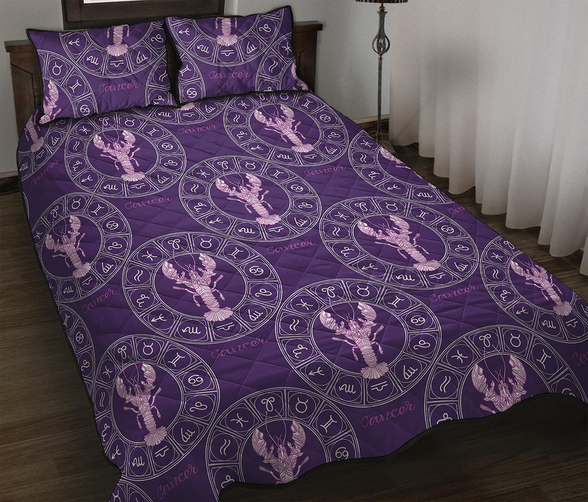 Purple Cancer Zodiac Pattern Print Quilt Bed Set