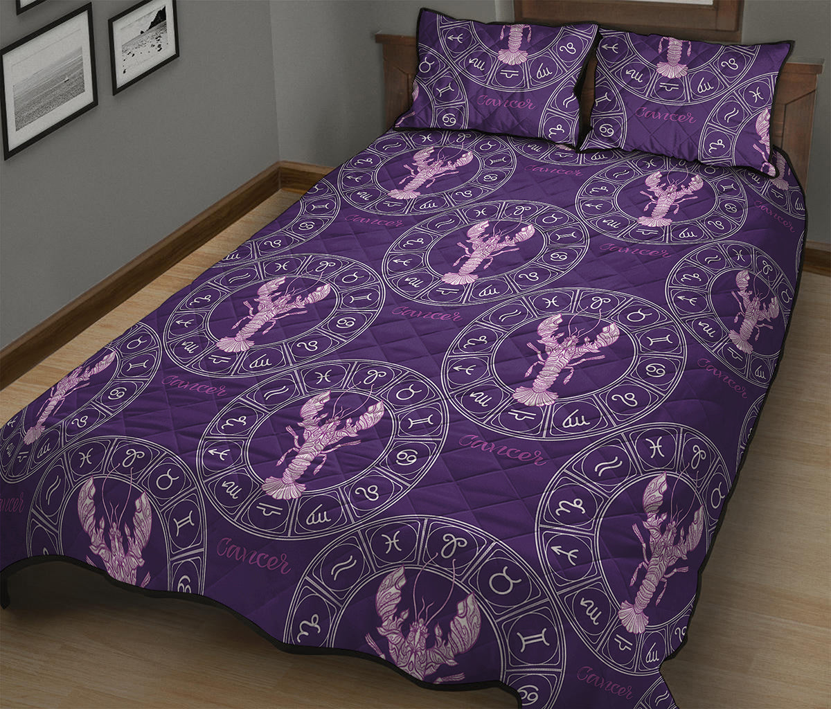 Purple Cancer Zodiac Pattern Print Quilt Bed Set