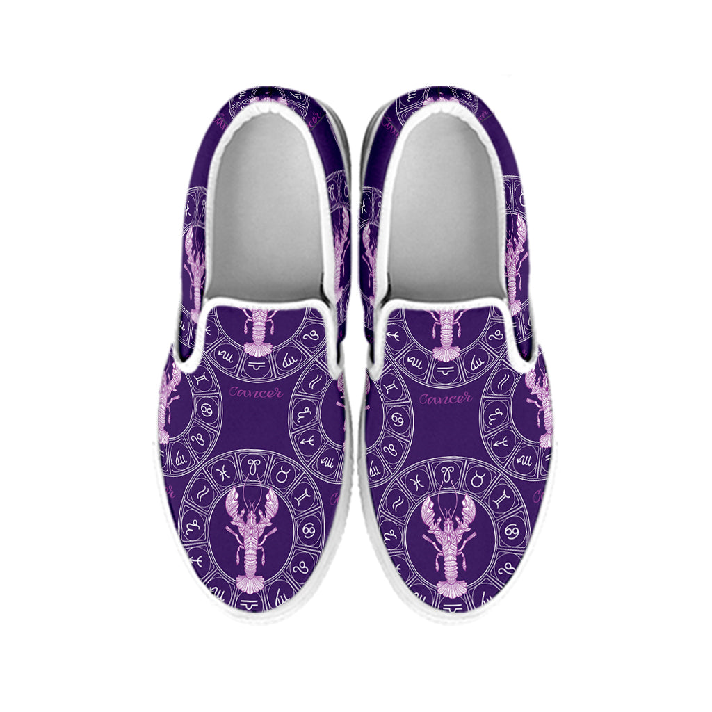 Purple Cancer Zodiac Pattern Print White Slip On Shoes