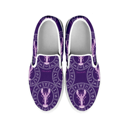 Purple Cancer Zodiac Pattern Print White Slip On Shoes